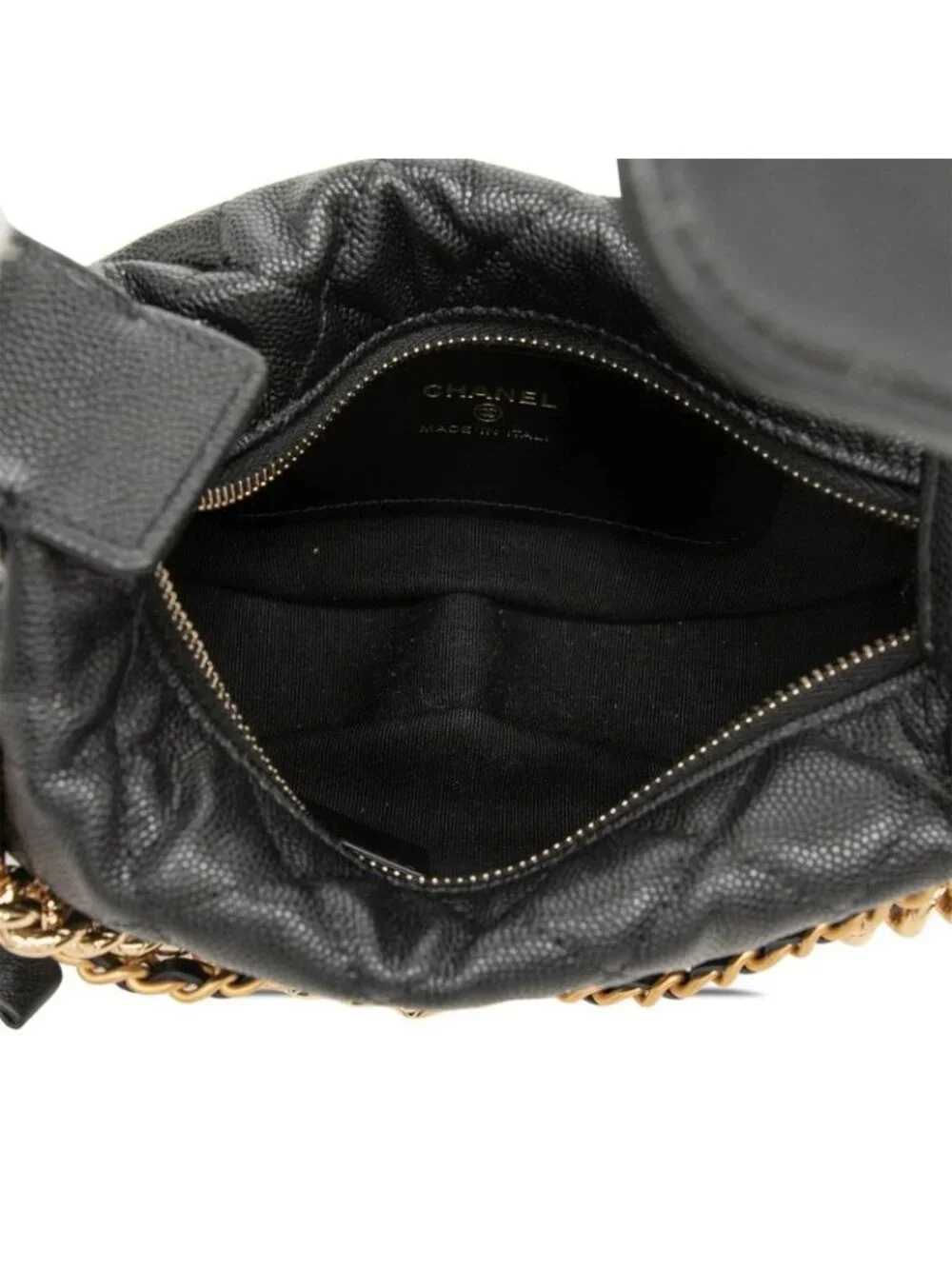 Chanel CC Logo Quilted Mini Hobo Handbag Ribbon Chain Black Caviar Leather